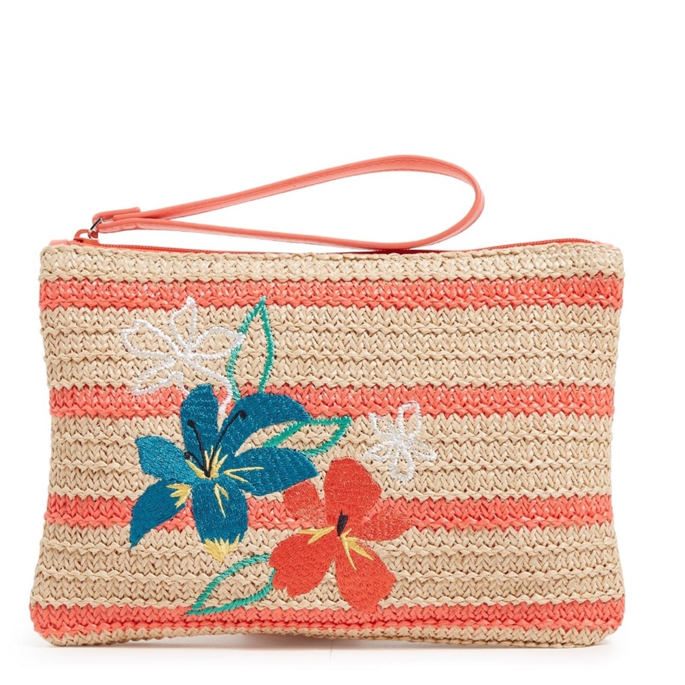 Vera Bradley Coral Stripe Straw Wristlet with Floral Embroidery